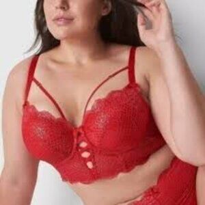 Cacique Fiery Red Foil Lace Longline Boost Balconette Bra 40D Push Up Bralette